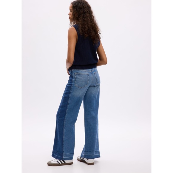 NWT GAP High Rise Stride Wide Leg Jeans 30 10R Colorblock Blue Denim Raw Hem - Picture 8 of 11